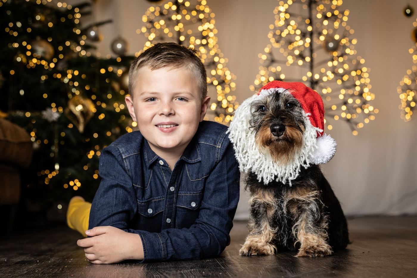 Junge liegt neben seinem Hund mit Weihnachtsmütze